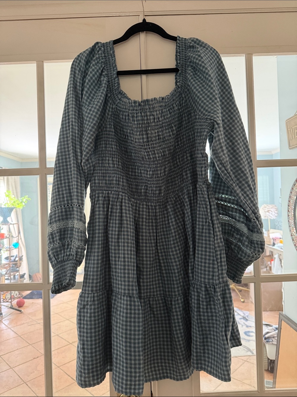 American Eagle Outfitters Blue Gingham Smocked Midi Dress